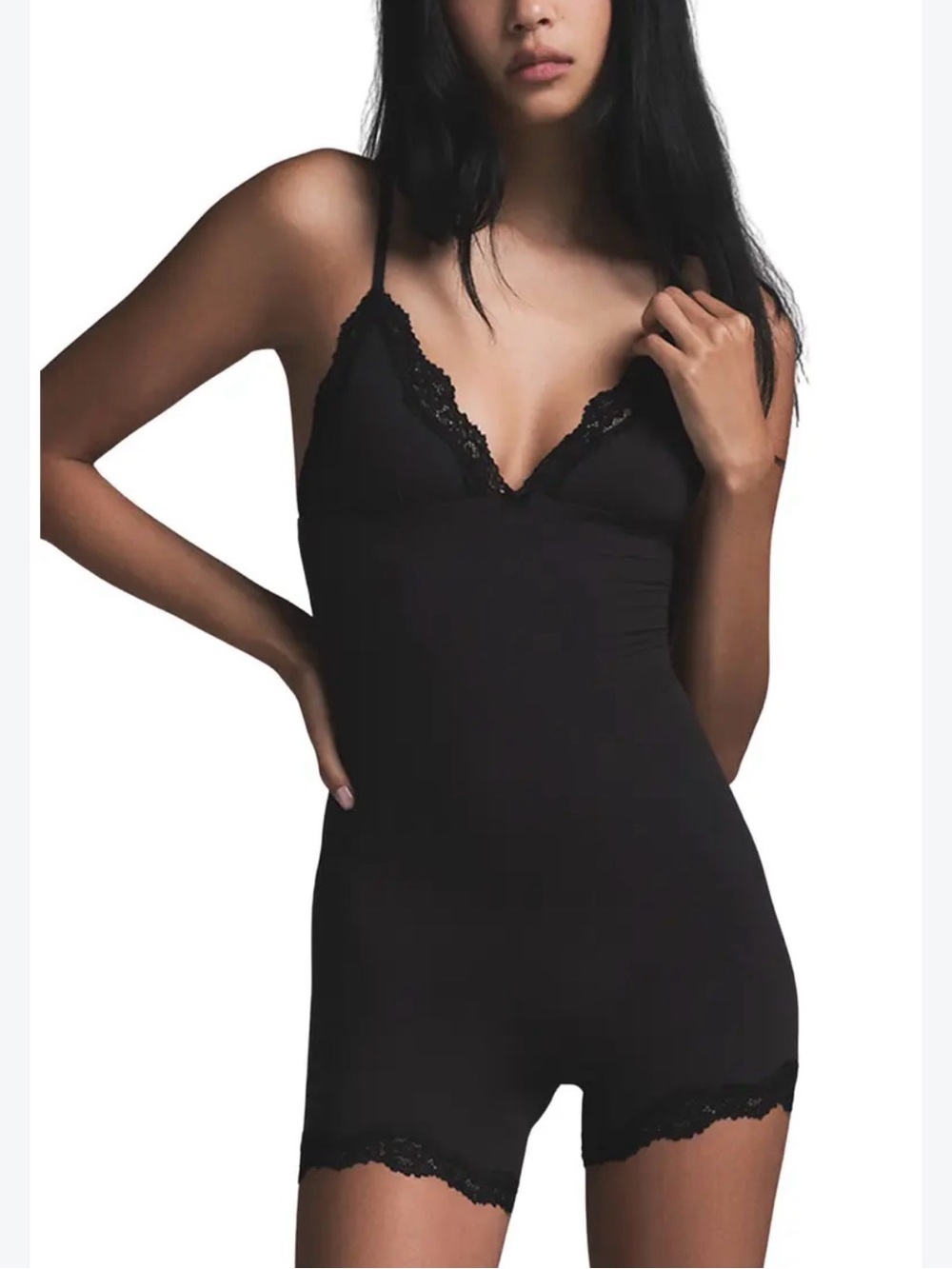 SKIMS Black Lace-Trim Shaping Chemise